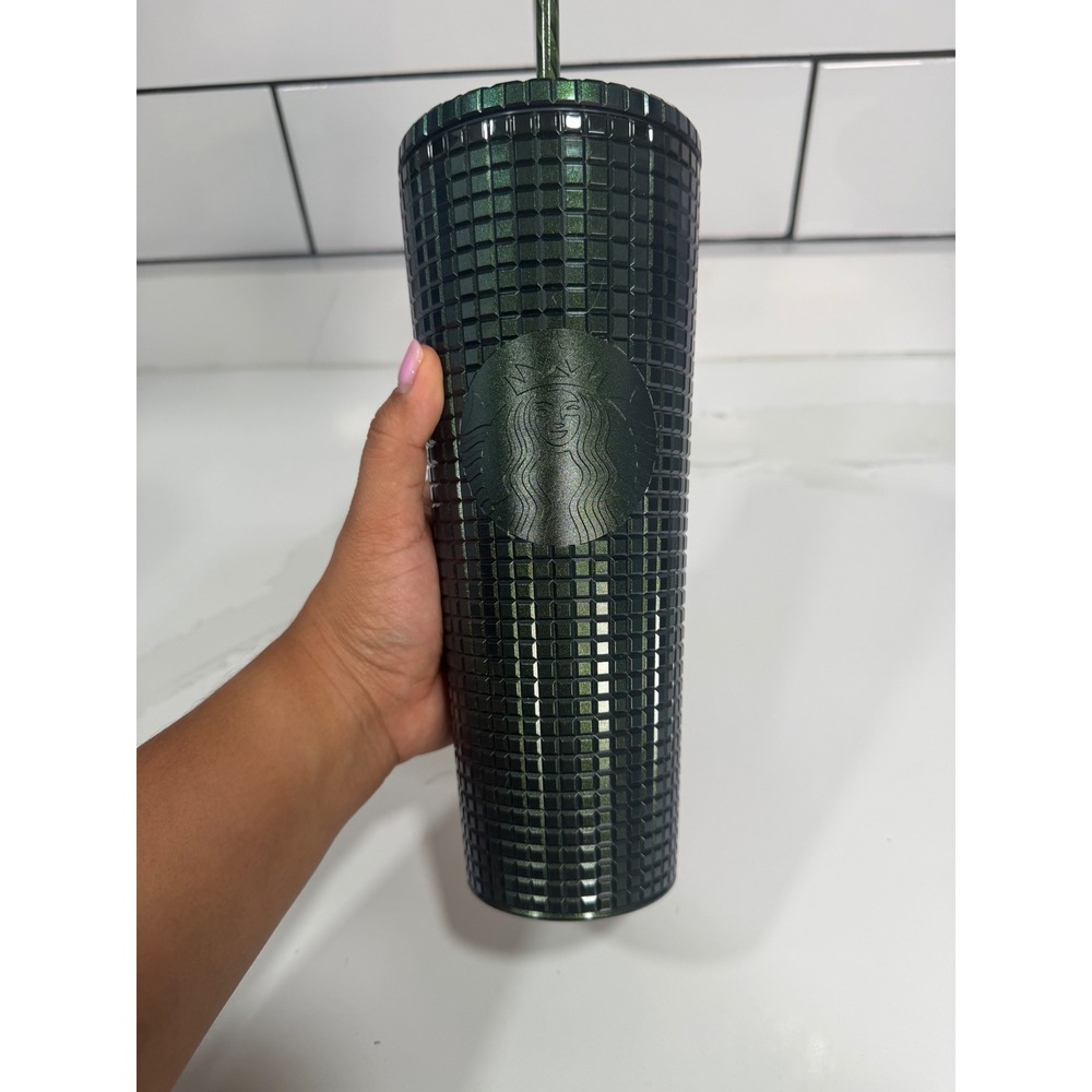 Starbucks Dark Green Iridescent Grid Disco Square Venti 24oz Cold Cup Tumbler